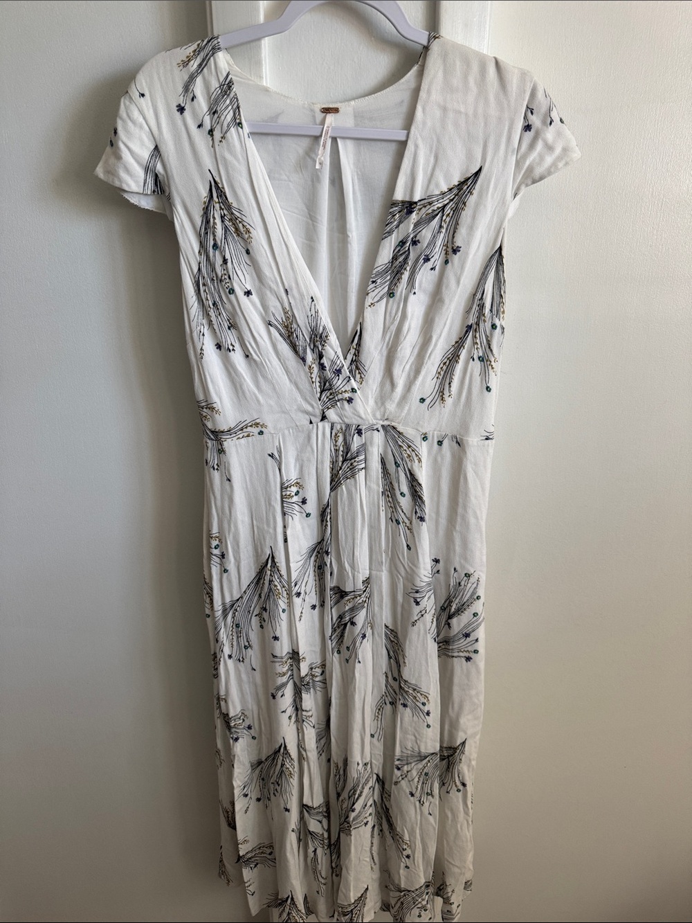 Free People White Maxi Dress with Black and Gold Botanical Print